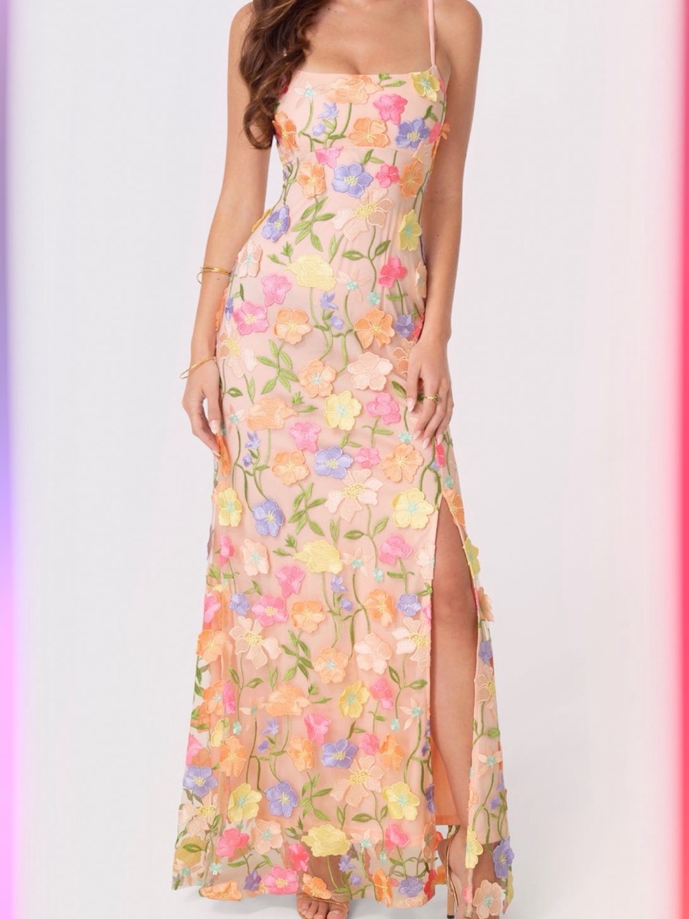BEBE Peach Floral Appliqué Maxi Dress with Side Slit XS 🌸🌼🌺